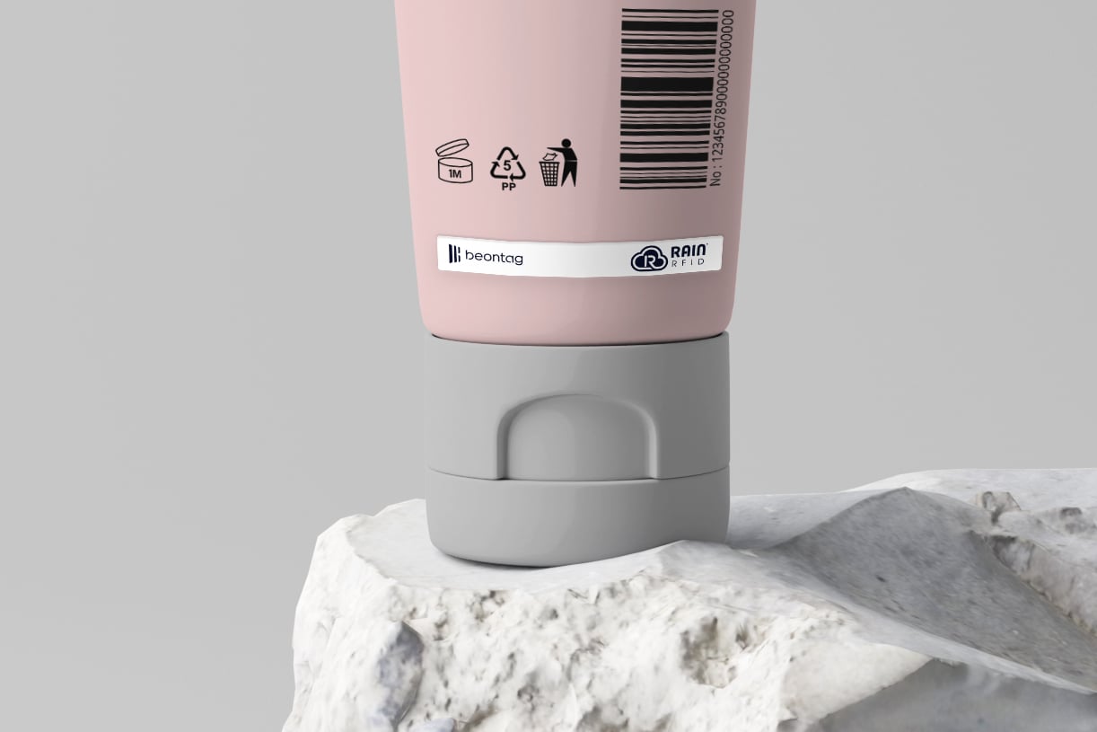 RFID tag on product packaging, showcasing item-level tracking and brand authentication for high-value retail goods.