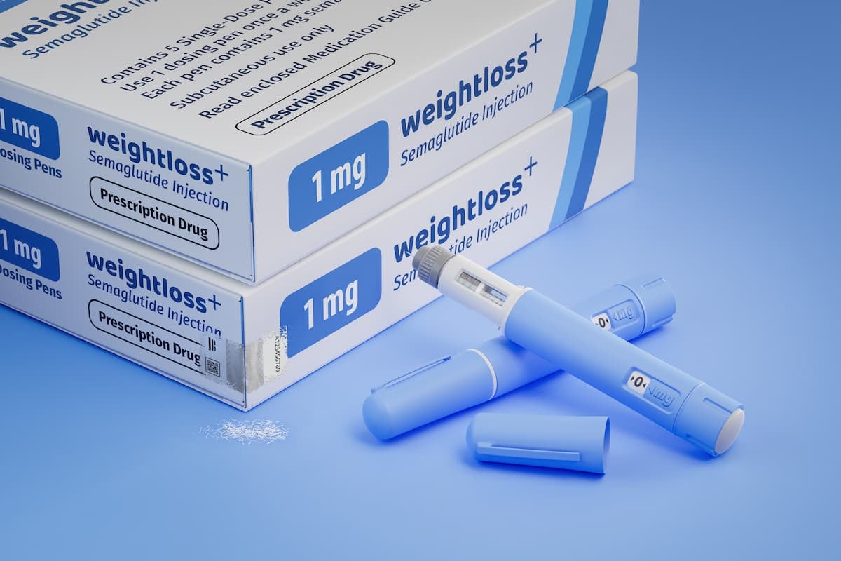 Pharmaceutical semaglutide injection boxes and dosing pens featuring a VOID eggshell security label on the carton, designed to provide tamper evidence and anti-counterfeit protection.
